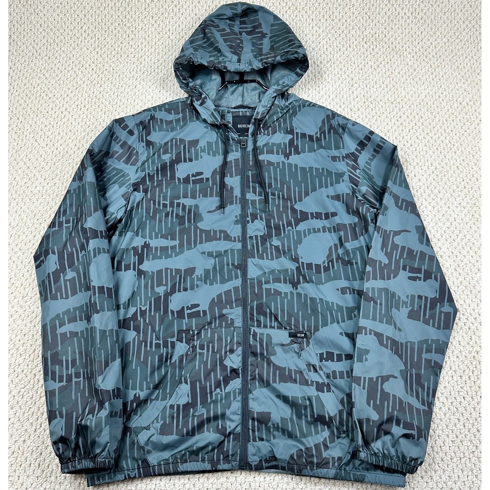 Krew Jacket Mens XL Green/Gray Camo Hooded Nylon Windbreaker Full Zip Streetwear